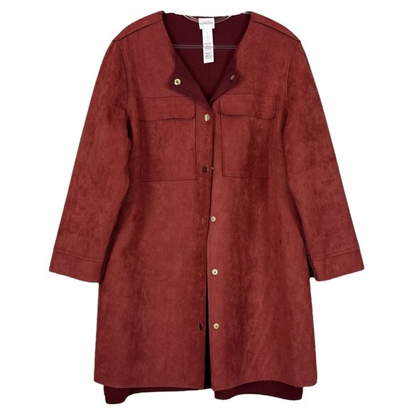 Chicos Faux Suede Snap Front Long Jacket Topper Burnt Rust Red-Orange Size 1 / M - Picture 1 of 10
